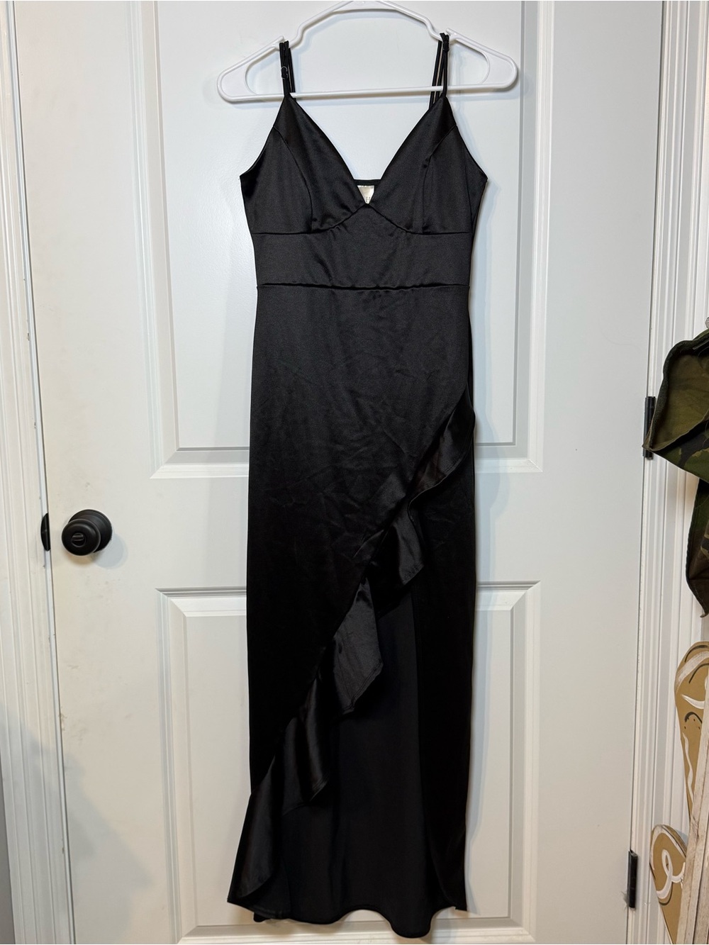 E.L.H. Studio Black Satin Maxi Ruffle High Slit Spaghetti Strap Formal Gown